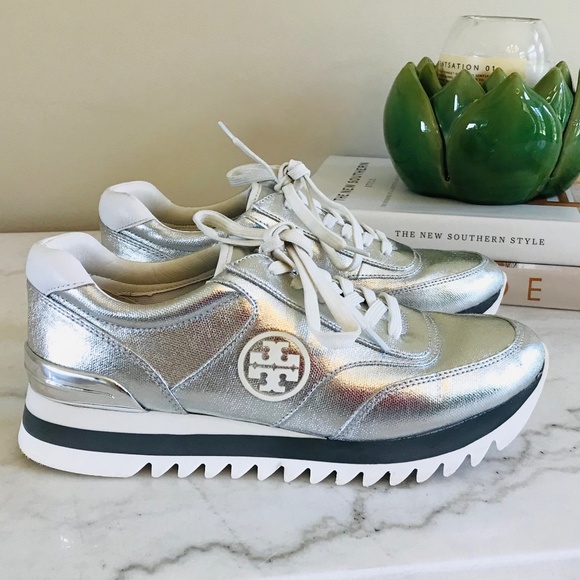 Tory Burch Shoes - TORY BURCH SAWTOOTH LOGO SNEAKER METALIC SILVER LEATHER